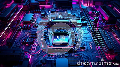 Luminescent Motherboard with Electron Paths and Pulsating Lights, Symbolizing Modern Innovation Stock Photo