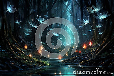 Luminescent spirit fireflies in Fantasy - Generative AI Cartoon Illustration