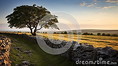 Luminist Landscape: Serene Tree And Stone Wall On English Moors Stock Photo