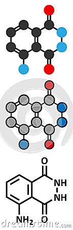 Luminol chemiluminescent molecule. Used to detect blood at crime scenes. Stylized 2D renderings and conventional skeletal formula. Vector Illustration