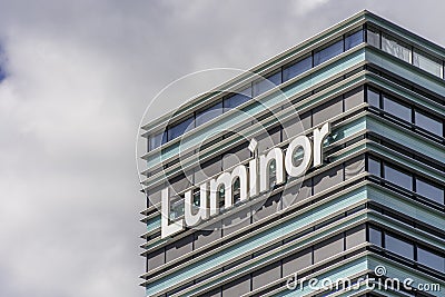 Luminor logo on Luminor head office building on 30 May 2021 in Vilnius, Lithuania. Luminor Bank AS is bank headquartered Editorial Stock Photo