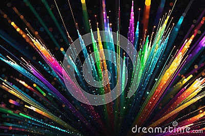 Luminous Array: Fiber Optic Strands Radiating in an Array of Vibrant Colors Against a Dark Backdrop, Focus on Luminosity Stock Photo