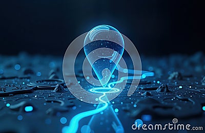 Luminous blue digital map pin floats above sleek background. Futuristic tech design for navigation, location. Abstract visual of Stock Photo