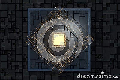 Luminous cube and circuits, black cubes, 3d rendering Stock Photo