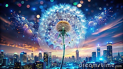 Luminous dandelion seedhead exploding over cityscape at dusk. Generative AI Stock Photo