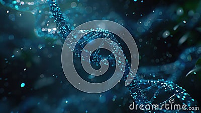 A luminous double helix structure of DNA shimmers against an abstract dark background, creating a sense of depth and Stock Photo