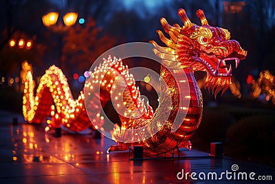 Celebration of the Chinese New Year in the night city - Lumining dragon Stock Photo