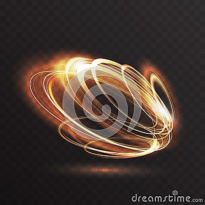 Luminous gold glow of neon rings, abstract 3d light effect, magic glowing speed motion Vector Illustration