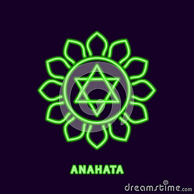 Luminous green chakra anahata. Neon symbol of clairvoyant and immortal lord of speech with 12 petals Vector Illustration