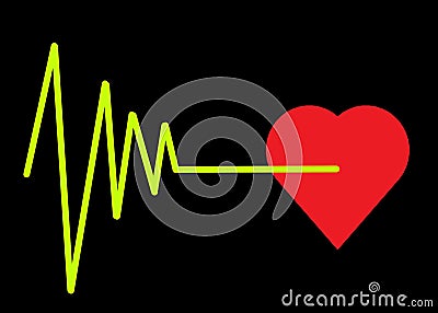 A luminous light green cardiogram life line graph pulsation diagram ending with a red heart shape black backdrop Cartoon Illustration