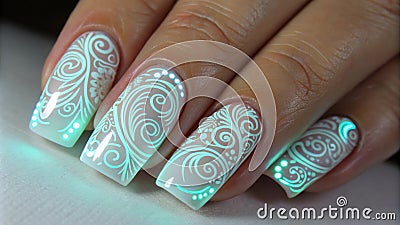 Luminous nails incorporating embedded LEDs illuminating unique patterns that swirl and flow with each finger movement.. Stock Photo