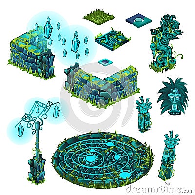 Luminous objects turquoise color. Totem, stone fence, lamppost. The set of elements of architecture and symbols of the Vector Illustration