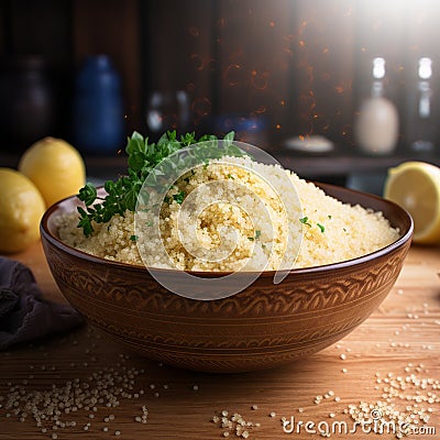 Luminous Pointillism Quinoa Bowl On Wooden Table Stock Photo