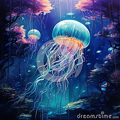 Luminous Seas: Ethereal jellyfish illuminating the depths of an underwater paradise Stock Photo