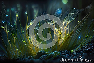 Luminous small night plants with transparent leaves Stock Photo