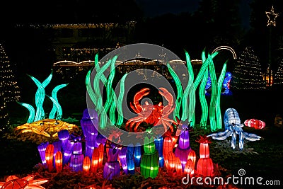 Underwater sculptures luminous in park by night Editorial Stock Photo