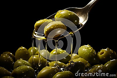 Luminous and Vivid Capture of Green Olives and Cascading Olive Oil in Silver Spoon Against Black Background. Generative Ai Stock Photo