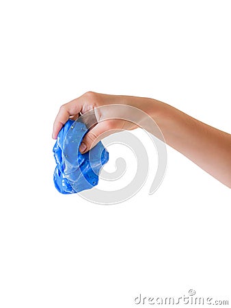 A lump of blue slime in the hands of a child isolated on a white background Stock Photo