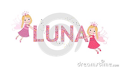 Luna female name with cute fairy tale Vector Illustration