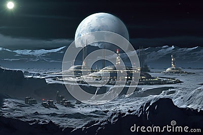 lunar base illuminated under earthrise backdrop Stock Photo