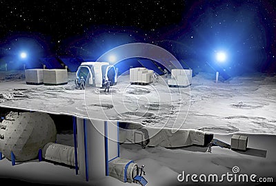 Lunar base, spatial outpost. First settlement on the moon. Space missions. Lunar ark. Lava tube, regolith. Stock Photo