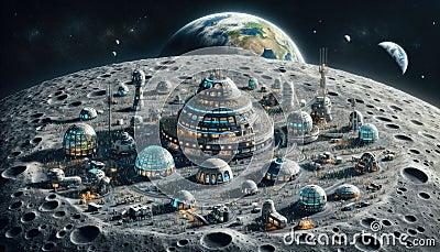 Lunar Colony with Earth View Stock Photo