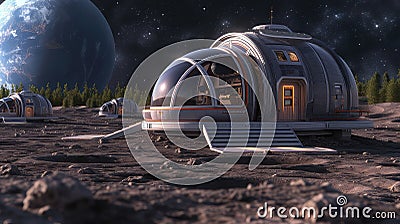 The lunar colony harmonizes with its cosmic backdrop. Stock Photo