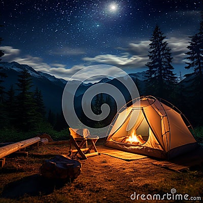 Lunar Comfort: Camping Under the Stars Stock Photo