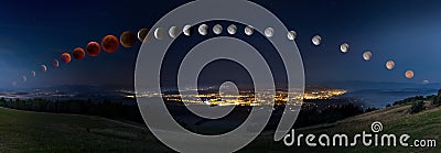 Lunar eclipse with bloody moon from its moonrise till moonset Stock Photo