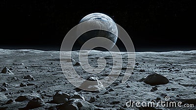 A lunar landscape, with the moon's barren surface and distant Earthrise. Stock Photo
