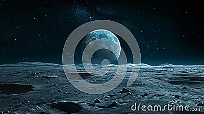 A lunar landscape, with the moon's barren surface and distant Earthrise. Stock Photo