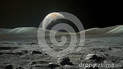 A lunar landscape, with the moon's barren surface and distant Earthrise. Stock Photo