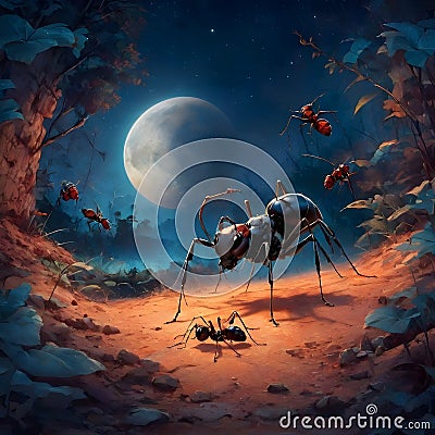 Lunar Menace: Giant Ants under the Moon Stock Photo