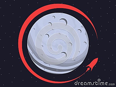 Lunar mission. Rocket flying around the moon. Earth satellite. Vector Vector Illustration