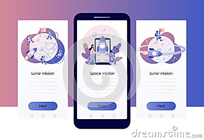 Lunar mission space exploration. Tiny astronauts in space. Rocket flying around Moon orbit. Screen template for mobile Vector Illustration