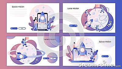 Lunar mission space exploration. Tiny astronauts in space. Screen template for mobile smart phone, landing page Vector Illustration