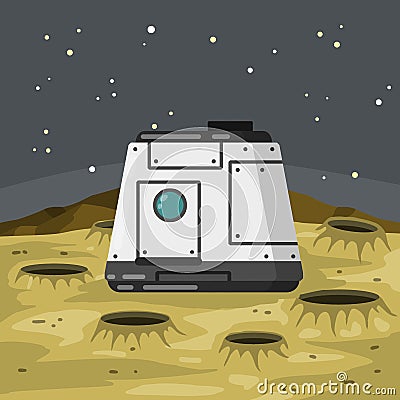 Lunar module of Spacecraft and living quarters. Future and science. Colony base of astronaut on Moon Vector Illustration