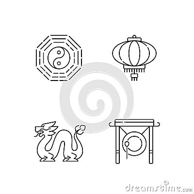 Lunar New Year attributes linear icons set Vector Illustration