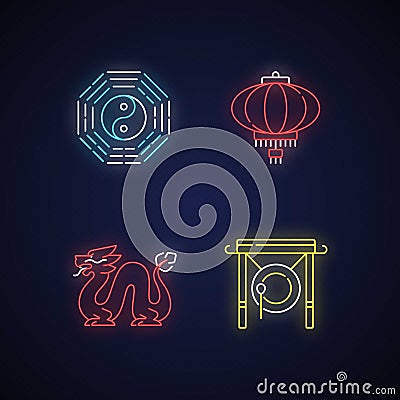 Lunar New Year attributes neon light icons set Vector Illustration