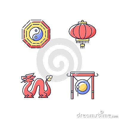 Lunar New Year attributes RGB color icons set Vector Illustration