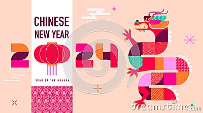 Lunar new year background, banner, Chinese New Year 2024 , Year of the Dragon. Geometric modern style Vector Illustration