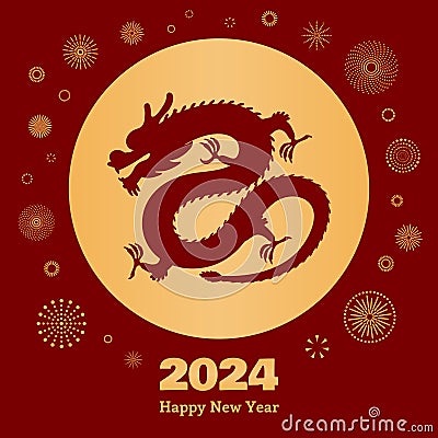 2024 Lunar New Year dragon design, gold on red Vector Illustration