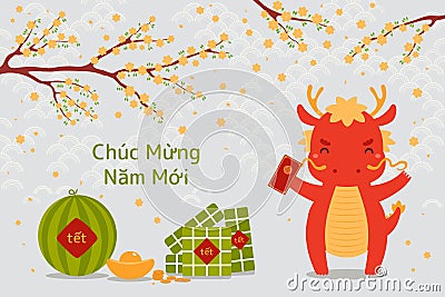 2024 Vietnamese New Year Tet cute dragon design Vector Illustration