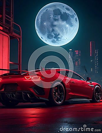 Lunar Radiance Ride: High-Definition Red Sports Car Amid Cyberpunk Factory Stock Photo