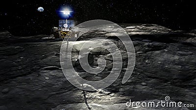 Lunar rover on the moon surface illuminates the craters. Planet Earth visible in the distance. Space exploration concept. Stock Photo