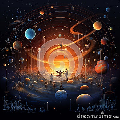 Lunar Symphony: Celestial Orchestration of Planets and Stars Cartoon Illustration