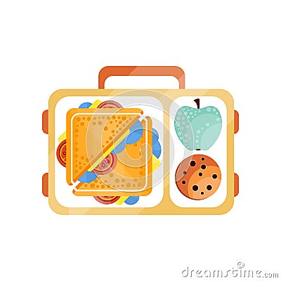 Lunch bag with sandwich, chocolate cookie and apple, healthy food for kids and students, children lunch time vector Vector Illustration