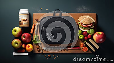a lunch box brimming with organic treats, a water bottle, a rucksack, and neatly arranged stationery against a Stock Photo