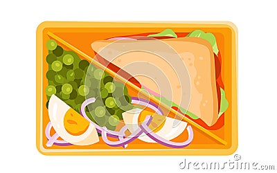 Lunch box with club sandwich and salad, divided plastic lunchbox tray and triangle hoagie Vector Illustration