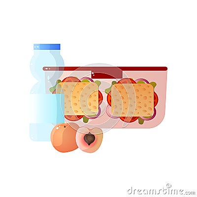Lunch Box with Healthy Food, Two Sandwiches, Peach and Bottle of Water, School Lunch in Container Vector Illustration Vector Illustration